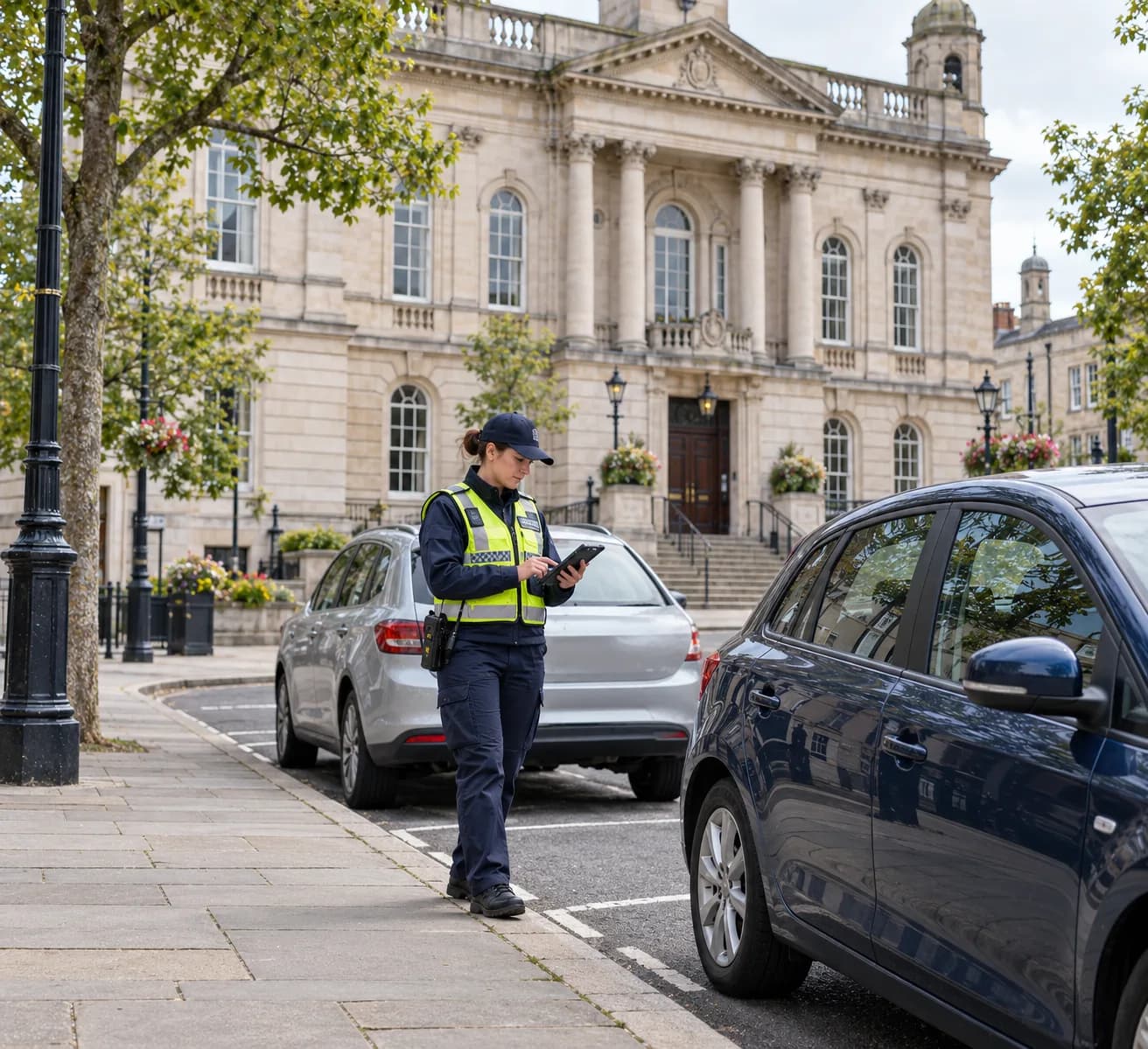 A civil enforcement officer checking a tablet beside parked cars outside a town hall