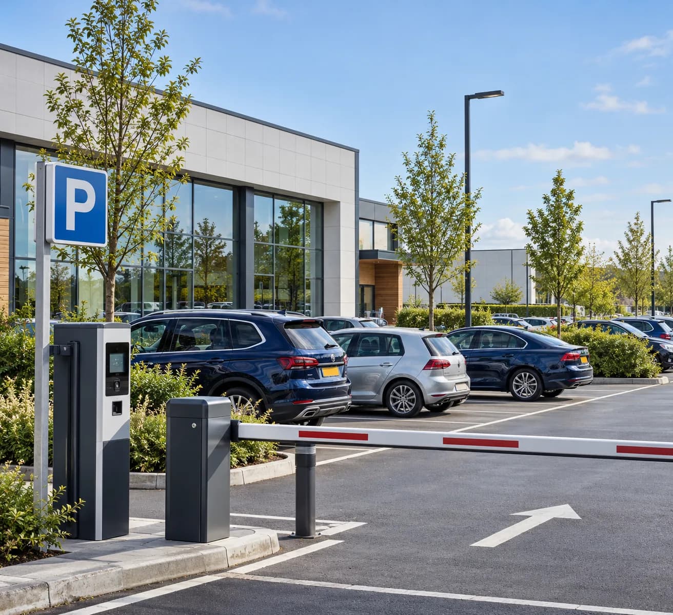 A barrier-controlled car park with a ticket machine and a parking sign