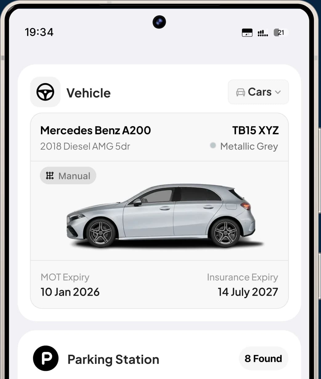 Tracklio showing a saved vehicle and its insurance expiry date