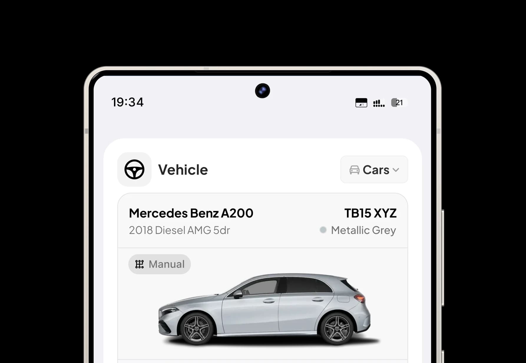 Tracklio vehicle screen showing a saved 2018 Mercedes Benz A200 in Metallic Grey