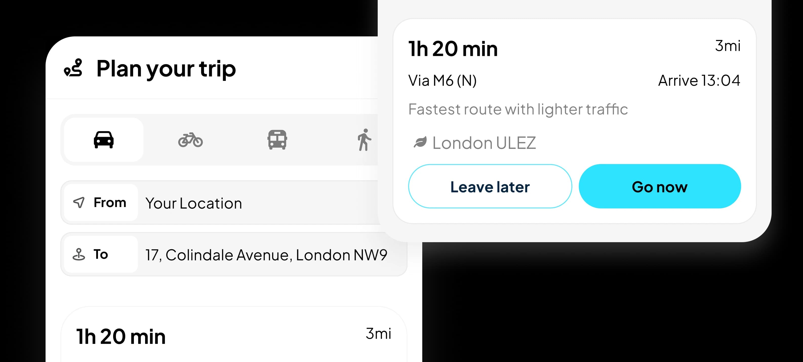 Trip planner with a 1 hour 20 minute route via the M6 that passes through London ULEZ