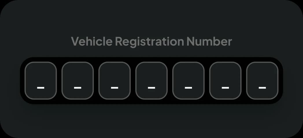 Vehicle registration number field with seven empty character boxes