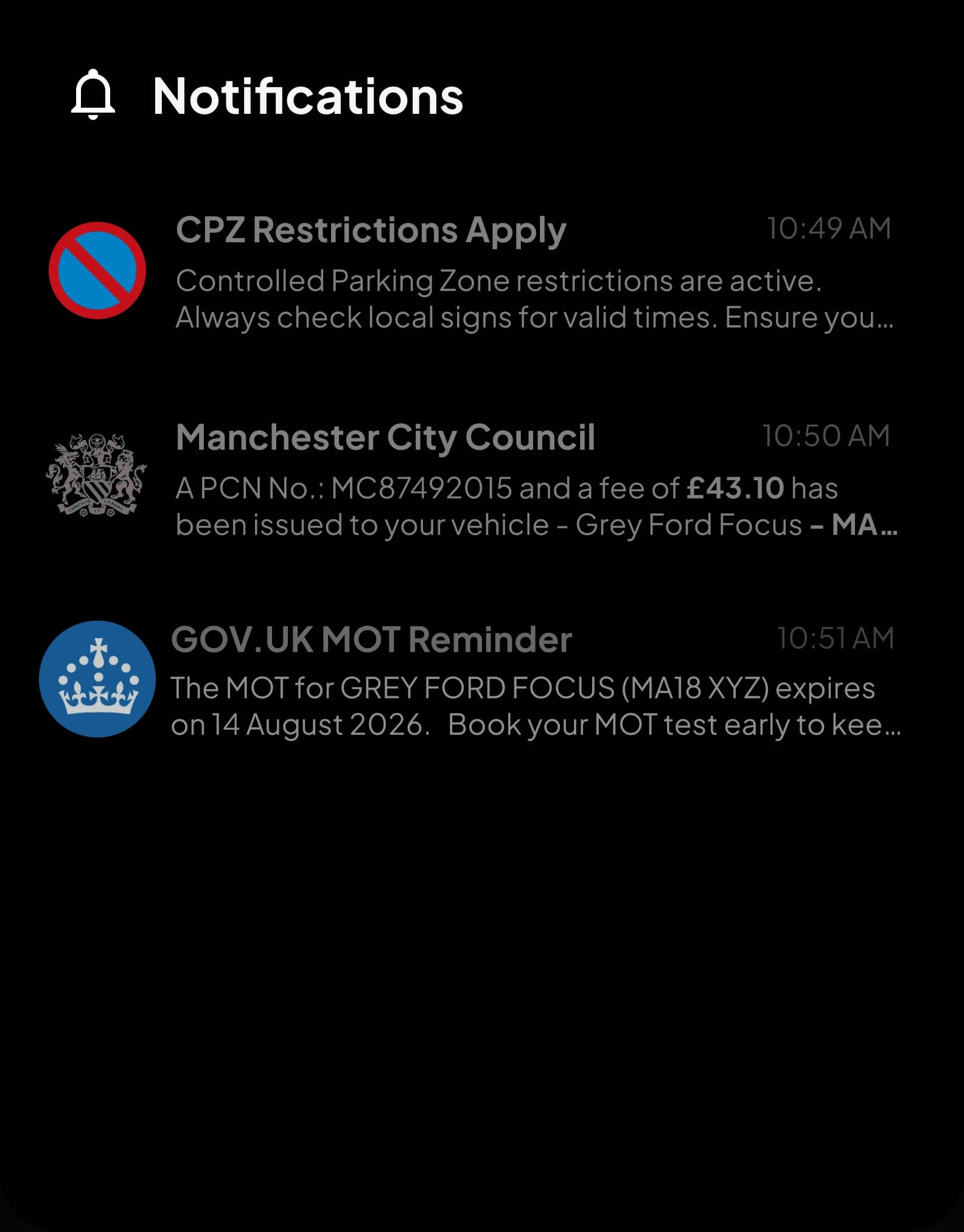 Tracklio notification that Controlled Parking Zone restrictions apply
