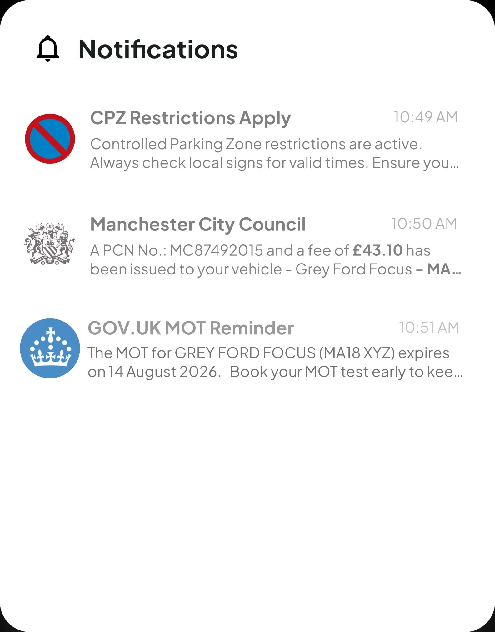 Tracklio notification that Controlled Parking Zone restrictions apply
