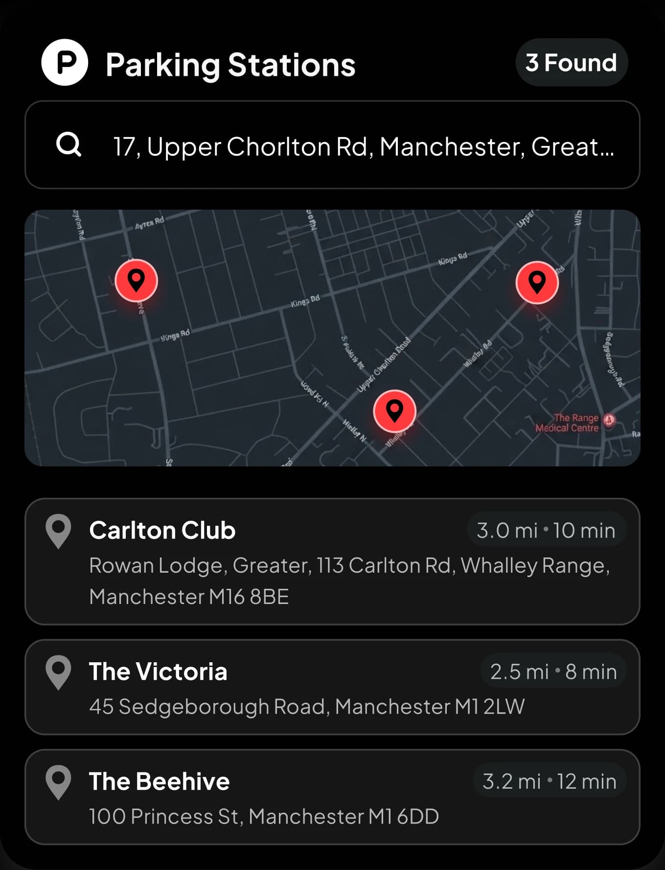 Map showing a route to Carlton Club parking station, 3.0 miles and 10 minutes away