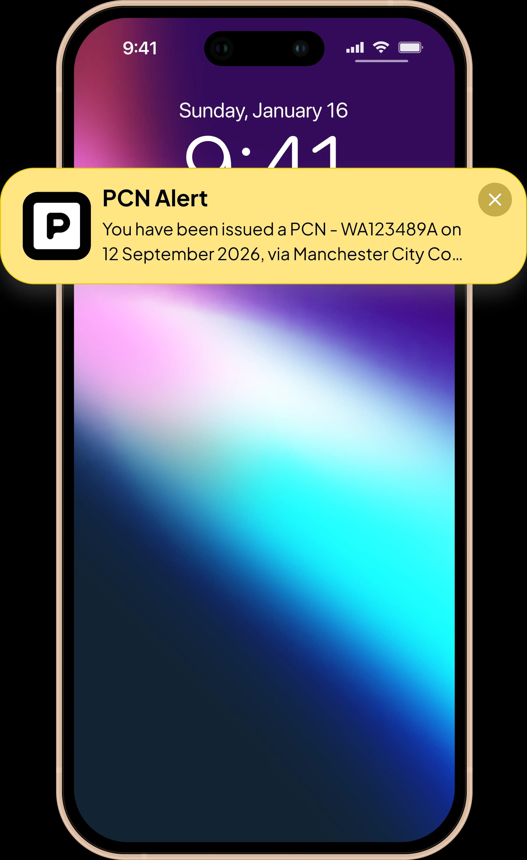 Tracklio lock screen alert reading: you have been issued a PCN — WA123489A on 12 September 2026, via Manchester City Council