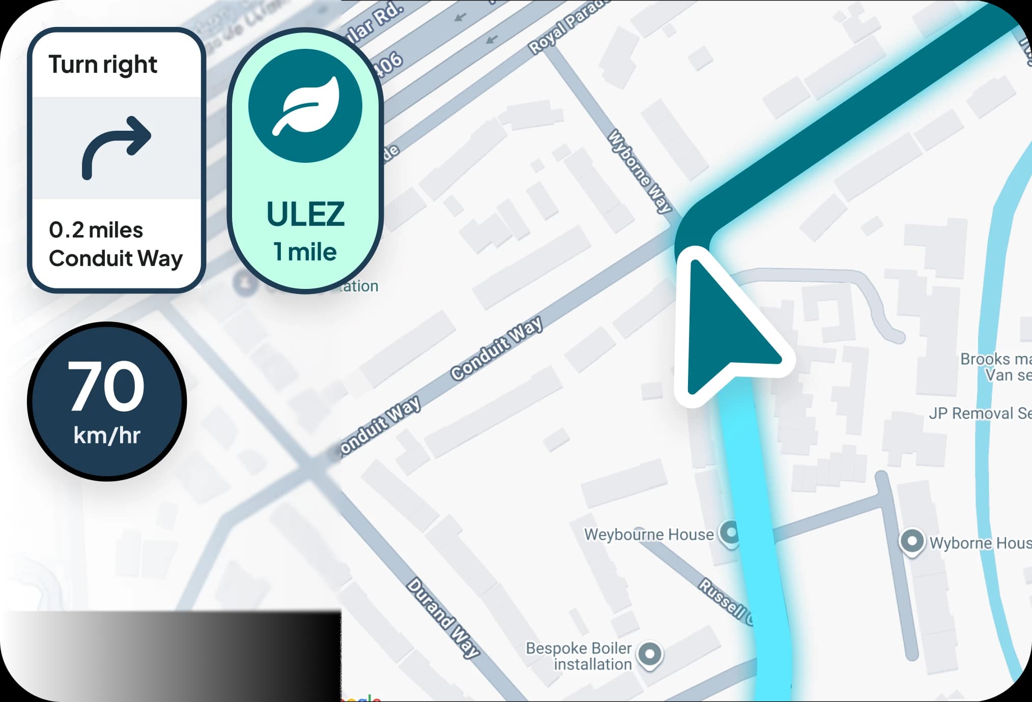 Turn-by-turn navigation showing a right turn onto Conduit Way and a ULEZ warning 1 mile ahead