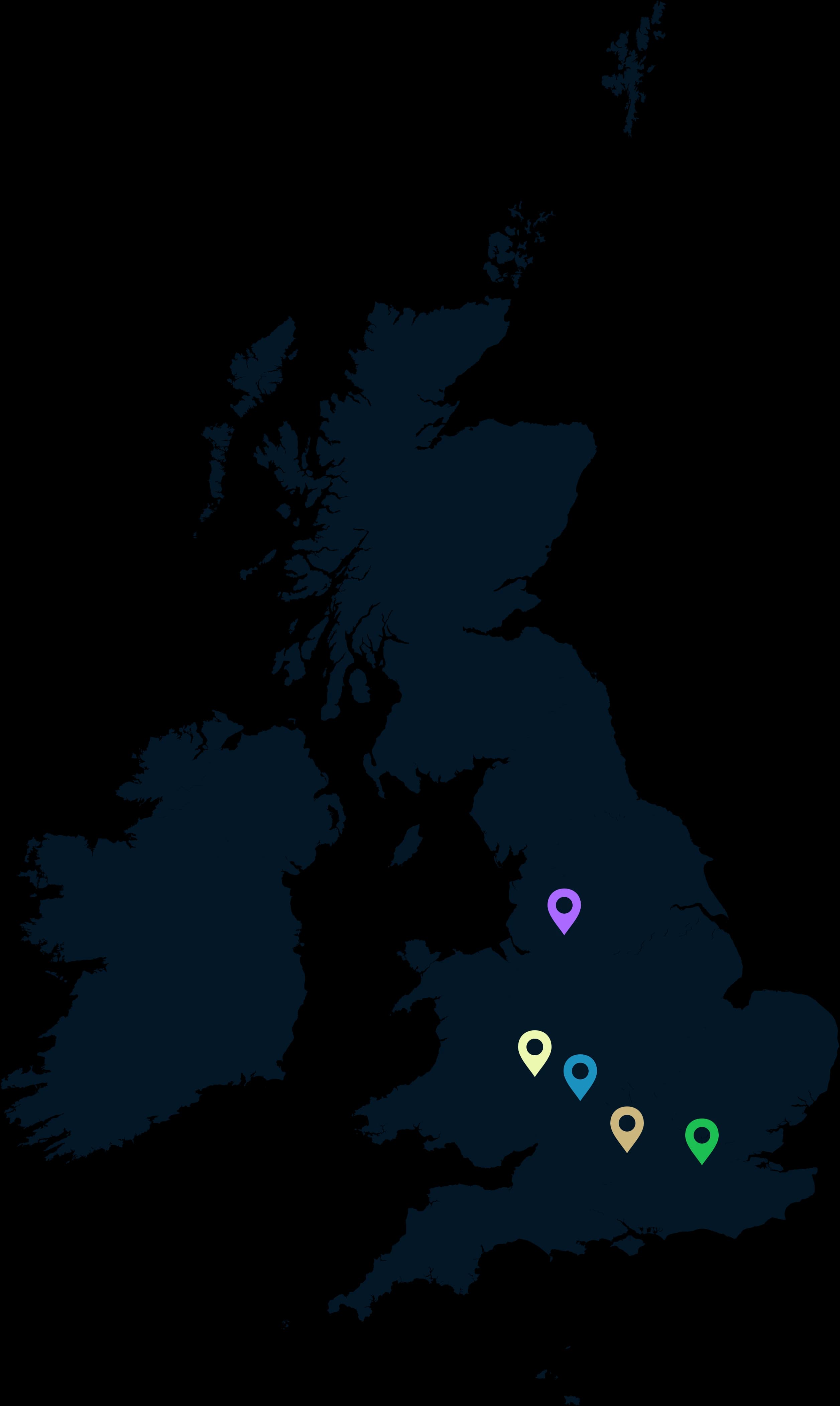 Map of the UK with pins on Greater Manchester, West Midlands, Warwickshire, Oxfordshire and Greater London